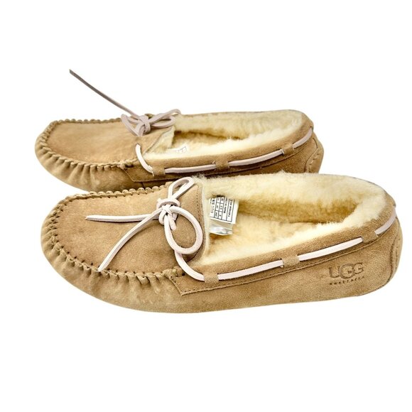 UGG Australia Slippers Womens Size 8 Sheepskin-Lined Leather Moccasin Tan - Picture 4 of 8